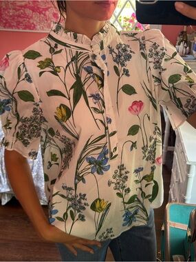 Floral Puff-Sleeve Women's Skirt - White with Green & Multi Floral Print